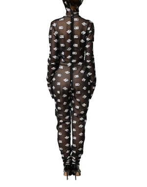 Dolce & Gabbana Kapuzen-Jumpsuit-Kleid mit schwarzem und weißem Logo-Print