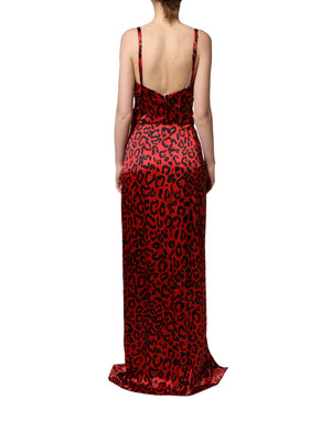 Dolce & Gabbana Maxikleid aus Seide mit rotem Leopardenmuster und seitlichem Schlitz