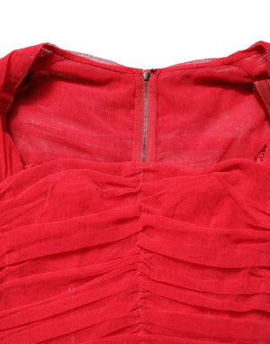 Dolce & Gabbana Rotes Midi-Kleid aus gerafftem Stretch-Tüll aus Baumwolle