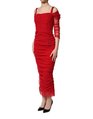 Dolce & Gabbana Rotes Midi-Kleid aus gerafftem Stretch-Tüll aus Baumwolle