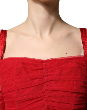 Dolce & Gabbana Rotes Midi-Kleid aus gerafftem Stretch-Tüll aus Baumwolle
