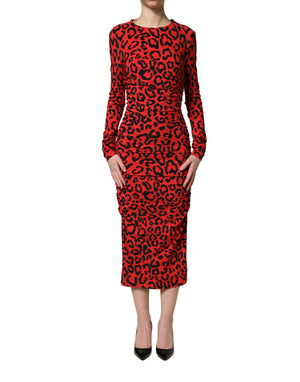 Dolce & Gabbana Rotes Midikleid mit Leopardenmuster und langen Ärmeln