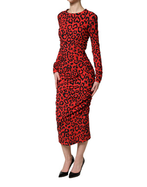 Dolce & Gabbana Rotes Midikleid mit Leopardenmuster und langen Ärmeln