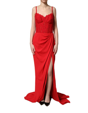 Dolce & Gabbana Rotes Korsett-Spitzen-Mieder, drapierte lange Abendkleid