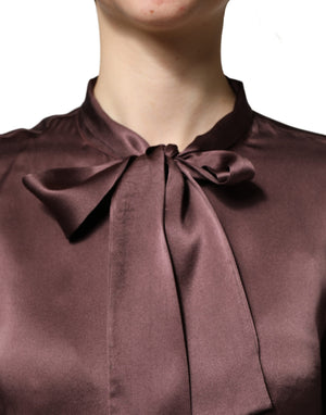 Dolce & Gabbana Violette Satin-Bluse mit langen Ärmeln und Ascot-Kragen