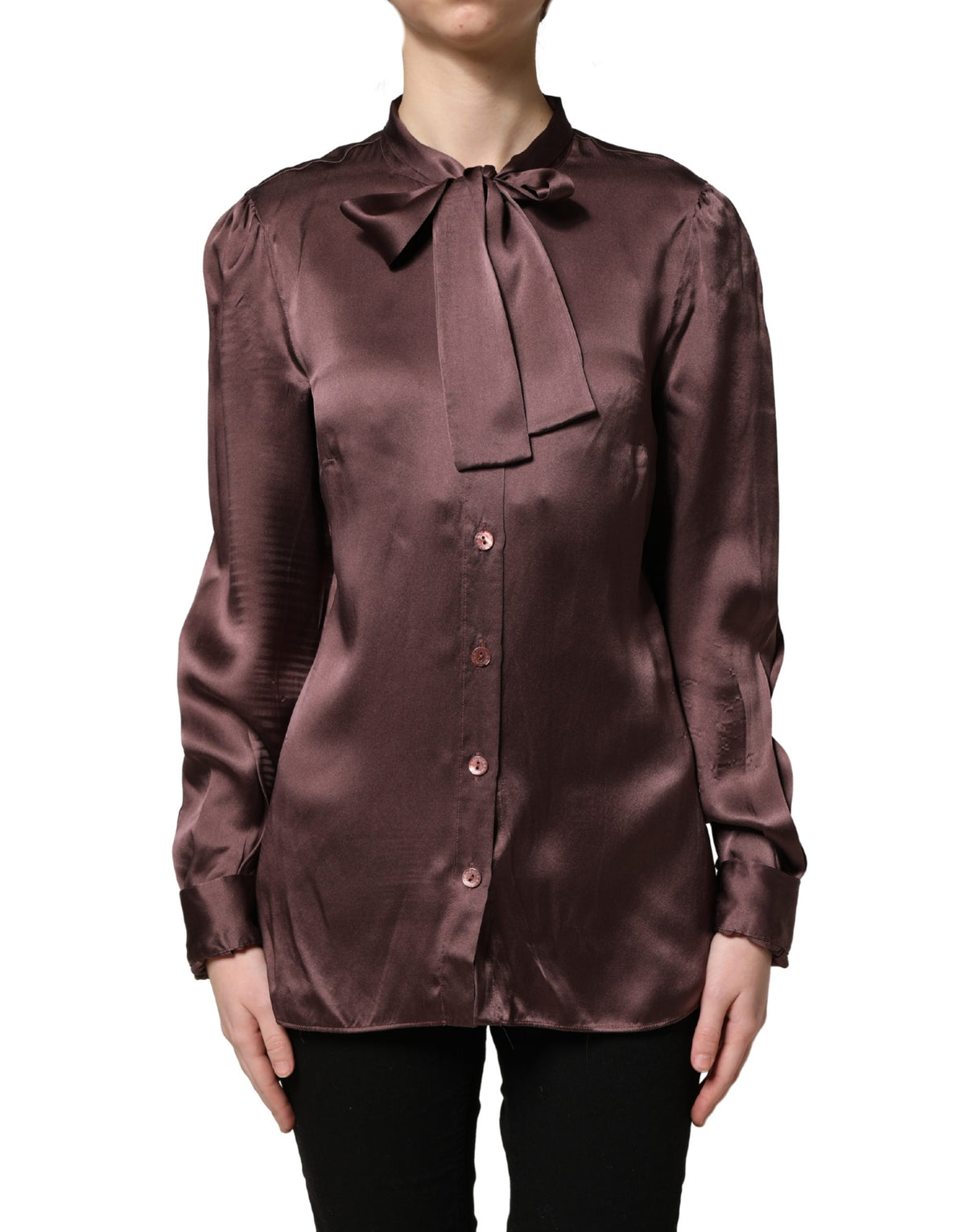 Dolce & Gabbana Violette Satin-Bluse mit langen Ärmeln und Ascot-Kragen
