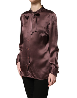 Dolce & Gabbana Violette Satin-Bluse mit langen Ärmeln und Ascot-Kragen
