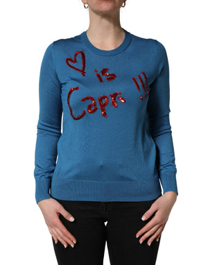 Dolce & Gabbana Blauer Pullover aus Seide mit Pailletten und Rundhalsausschnitt