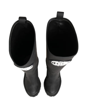 Dolce & Gabbana Schwarze Gummierte Leder High Boots Schuhe