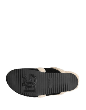 Dolce & Gabbana Beige Schwarze Faux Fur Pantoletten Herren Sandalen Schuhe