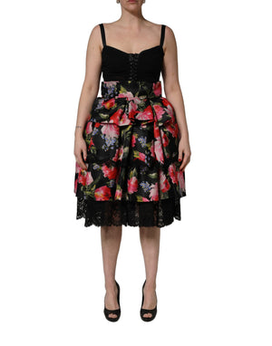 Dolce & Gabbana Schwarzes Bustier-Kleid ohne Ärmel mit Blumenprint und Stufenrock