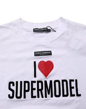 Dolce & Gabbana Weißes "I Love Supermodel" Baumwoll-T-Shirt mit Rundhalsausschnitt