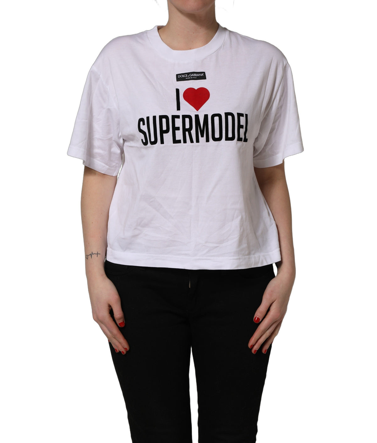 Dolce & Gabbana Weißes "I Love Supermodel" Baumwoll-T-Shirt mit Rundhalsausschnitt