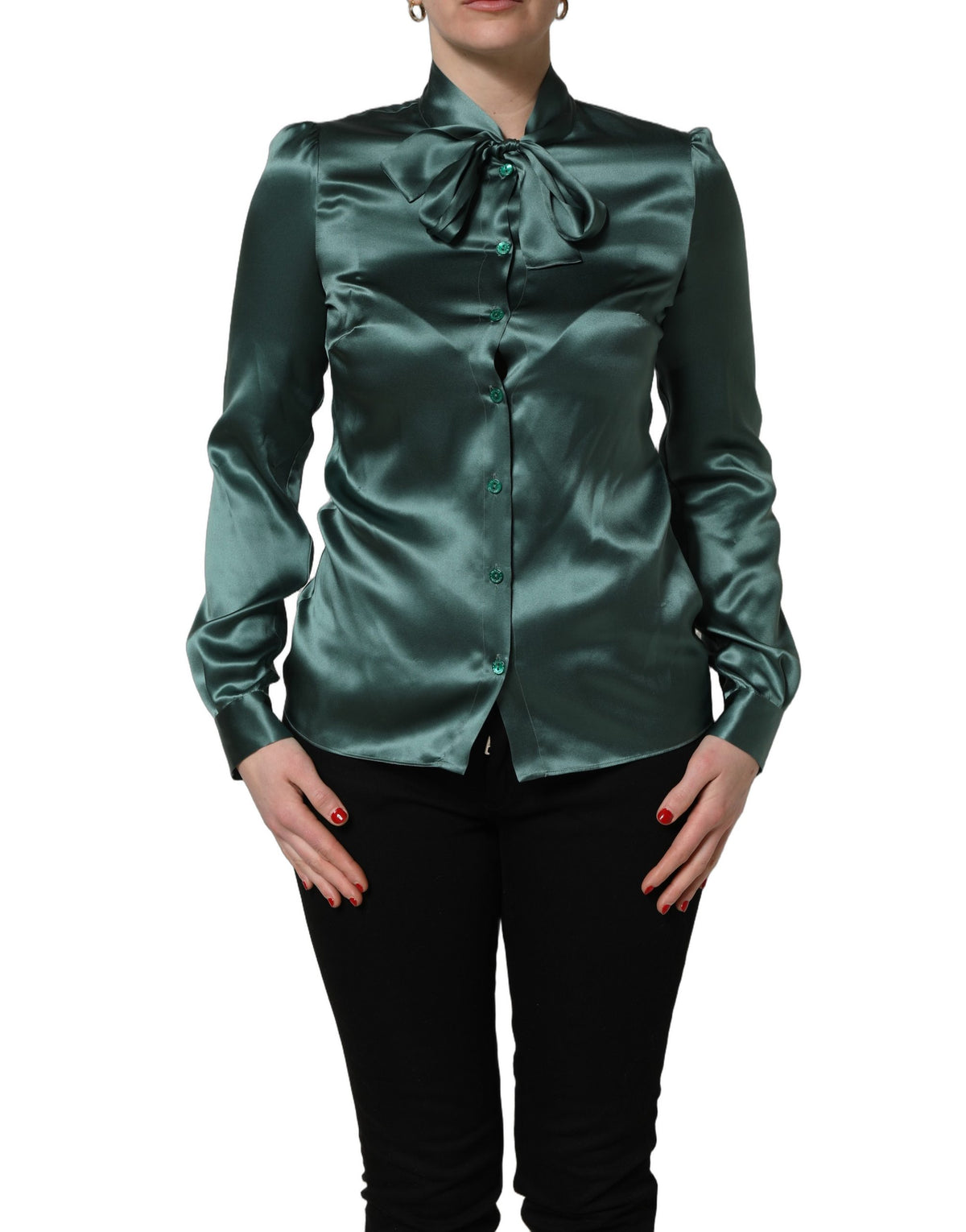 Dolce & Gabbana Dunkelgrüne Seiden-Satin-Bluse mit Schleifenkragen
