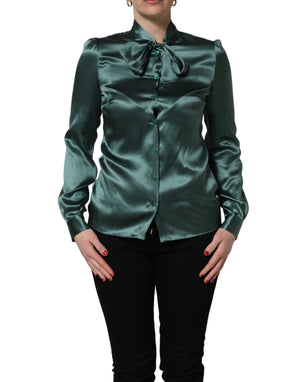 Dolce & Gabbana Dunkelgrüne Seiden-Satin-Bluse mit Schleifenkragen