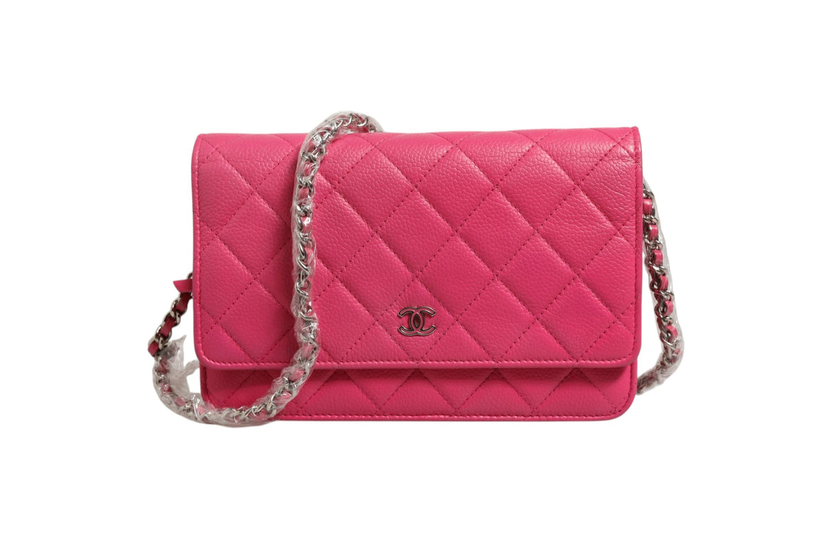 Chanel Pink gesteppte Lammleder-Kette Geldbörse WOC Silber