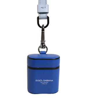 Dolce & Gabbana Airpods Hülle aus blauem Kalbsleder mit Logo, Klappverschluss und Riemen