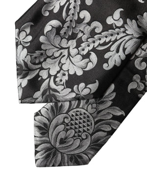 Dolce & Gabbana Schwarze Seiden-Halsschleife mit silbernem Blumenmuster, verstellbar für Damen