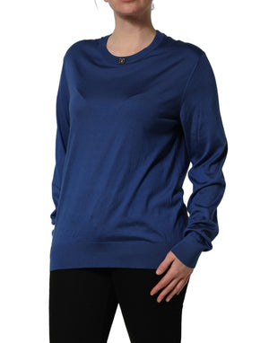 Dolce & Gabbana Blauer Rundhals-Pullover aus Seide mit DG-Logo