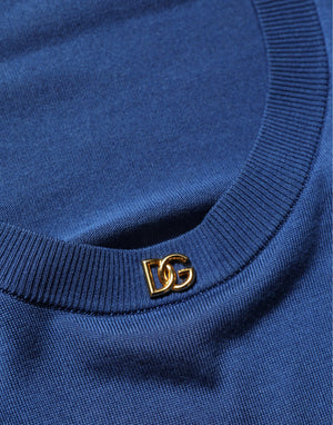 Dolce & Gabbana Blauer Rundhals-Pullover aus Seide mit DG-Logo