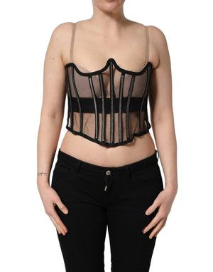 Dolce & Gabbana Schwarzer transparenter Tüll-Body, Cropped Corsagen-Oberteil
