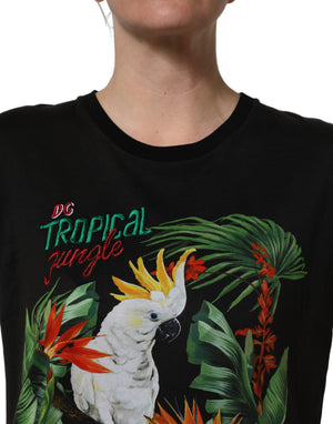 Dolce & Gabbana Schwarzes T-Shirt mit Rundhalsausschnitt und Tropical Jungle Print