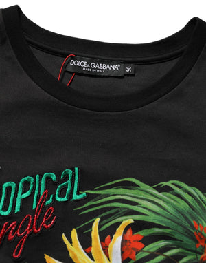 Dolce & Gabbana Schwarzes T-Shirt mit Rundhalsausschnitt und Tropical Jungle Print