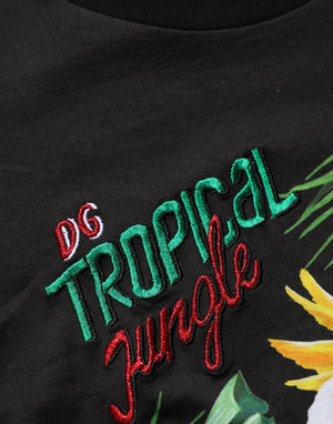 Dolce & Gabbana Schwarzes T-Shirt mit Rundhalsausschnitt und Tropical Jungle Print