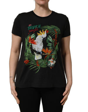 Dolce & Gabbana Schwarzes T-Shirt mit Rundhalsausschnitt und Tropical Jungle Print