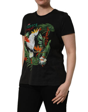 Dolce & Gabbana Schwarzes T-Shirt mit Rundhalsausschnitt und Tropical Jungle Print