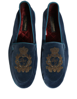 Dolce & Gabbana Blaue Samt-Loafer mit Kronenstickerei