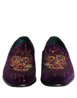 Dolce & Gabbana Violett Samt Loafer mit Strass und Pailletten