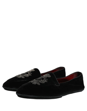 Dolce & Gabbana Schwarze Loafer mit Samt und Kronenstickerei
