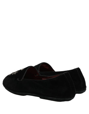 Dolce & Gabbana Schwarze Loafer mit Samt und Kronenstickerei