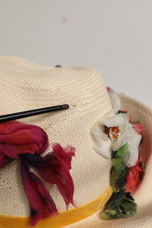Dolce & Gabbana Damen Hut aus Bast mit Blumenapplikationen in Beige