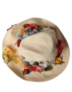 Dolce & Gabbana Damen Hut aus Bast mit Blumenapplikationen in Beige