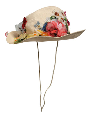 Dolce & Gabbana Damen Hut aus Bast mit Blumenapplikationen in Beige