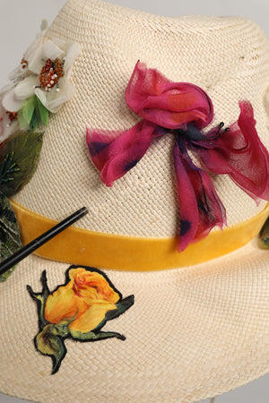 Dolce & Gabbana Damen Hut aus Bast mit Blumenapplikationen in Beige