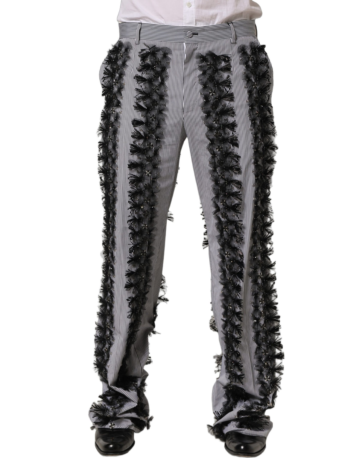 Dolce & Gabbana Schwarze und graue Nadelstreifen-Hose mit Verzierungen