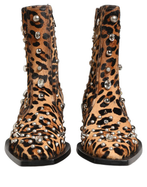 Dolce & Gabbana Braune Herren-Stiefel in Mid-Calf-Länge mit Leopardenmuster und Verzierungen