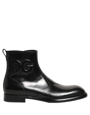 Dolce & Gabbana Schwarze Leder-Stiefeletten mit geprägtem Logo