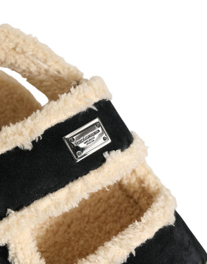 Dolce & Gabbana Beige Schwarze Faux Fur Pantoletten Herren Sandalen Schuhe
