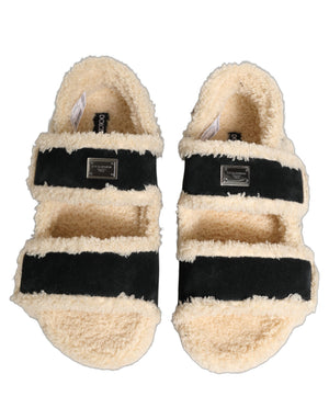 Dolce & Gabbana Beige Schwarze Faux Fur Pantoletten Herren Sandalen Schuhe