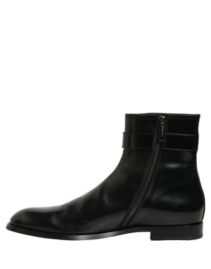 Dolce & Gabbana Schwarze Lederstiefel mit Logo-Schnalle, mittelhoher Schaft