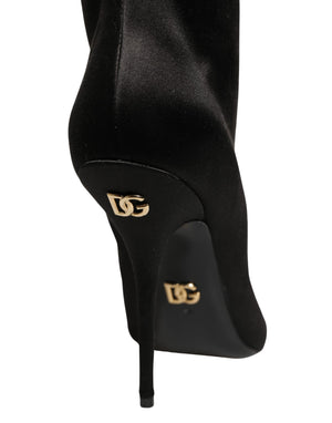 Dolce & Gabbana Schwarze Kniehohe Stiletto-Stiefel aus Satin