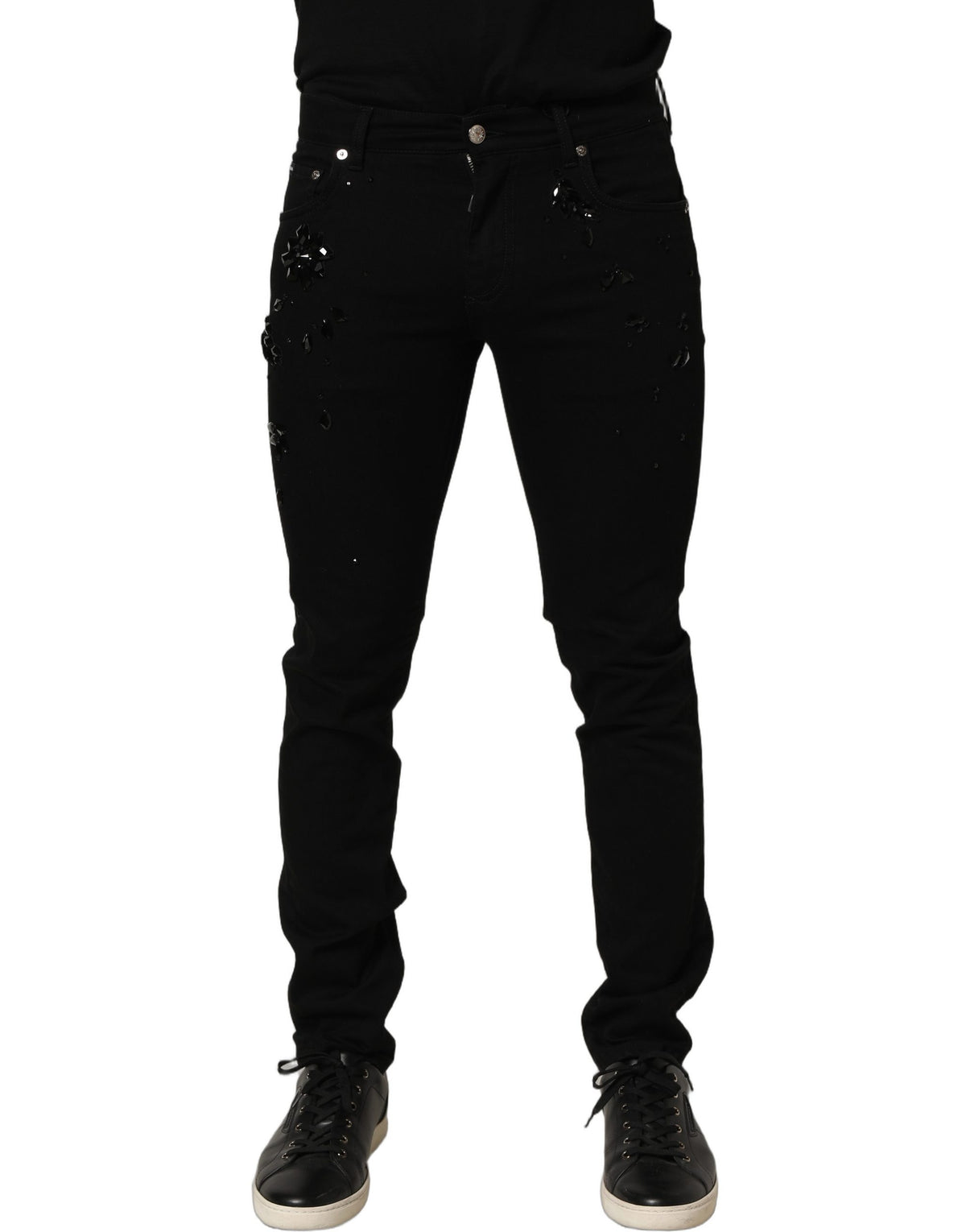 Dolce & Gabbana Schwarze verzierte Baumwoll-Skinny-Jeans