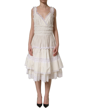 Dolce & Gabbana Midi-Kleid aus weißem Baumwollpopeline mit Rüschen
