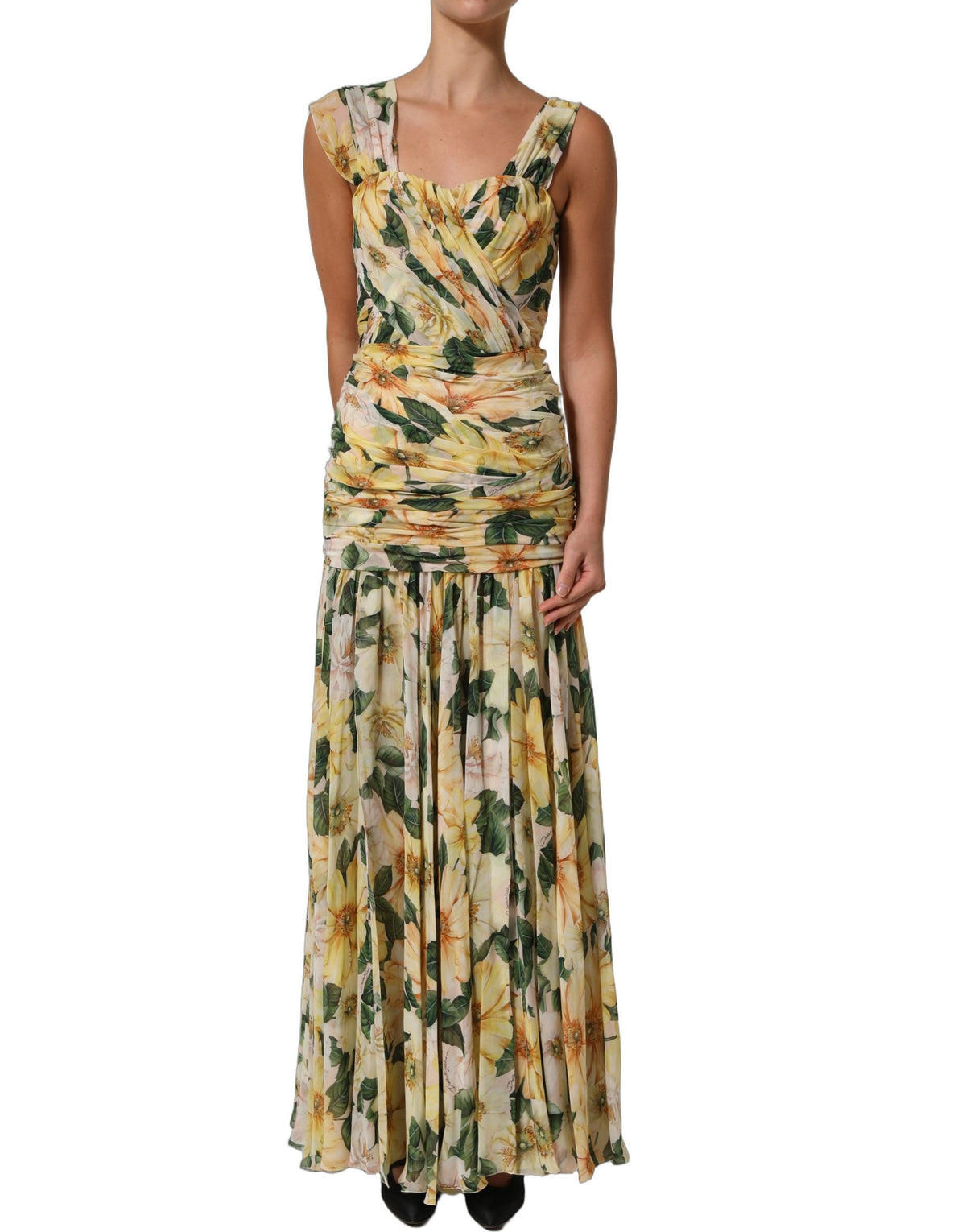 Dolce & Gabbana Langes Seidenkleid mit Blumenprint in Gelb