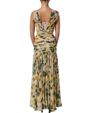 Dolce & Gabbana Langes Seidenkleid mit Blumenprint in Gelb
