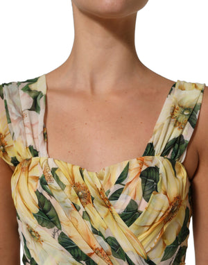 Dolce & Gabbana Langes Seidenkleid mit Blumenprint in Gelb